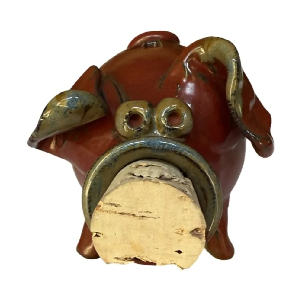 Vintage Artisan Pottery Rustic Brown Piggy Bank with Cork Stopper